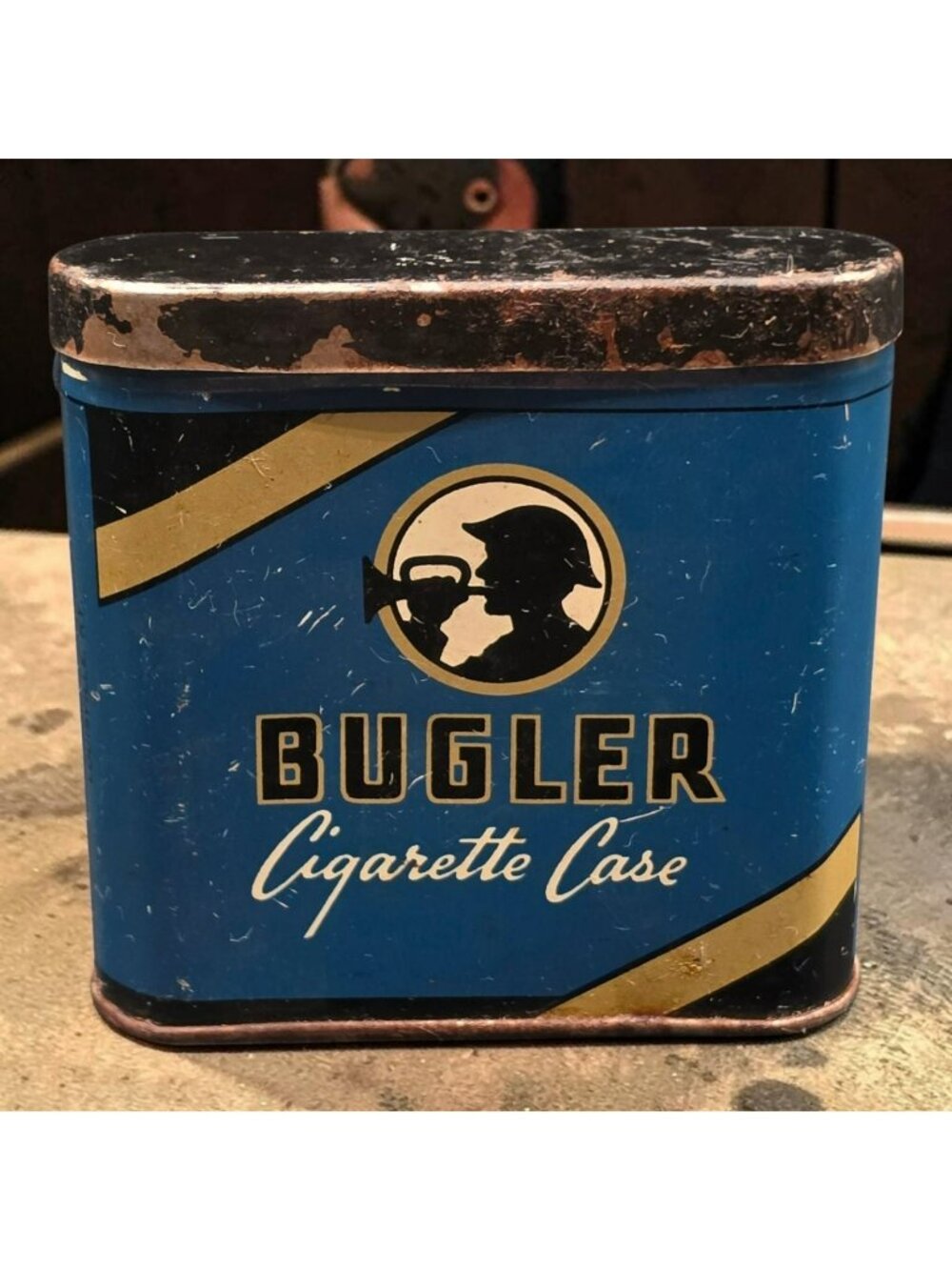 Vintage Bugler Cigarette Case Tin Strike-On-Bottom Blue Gold 3"x3"x0.75"